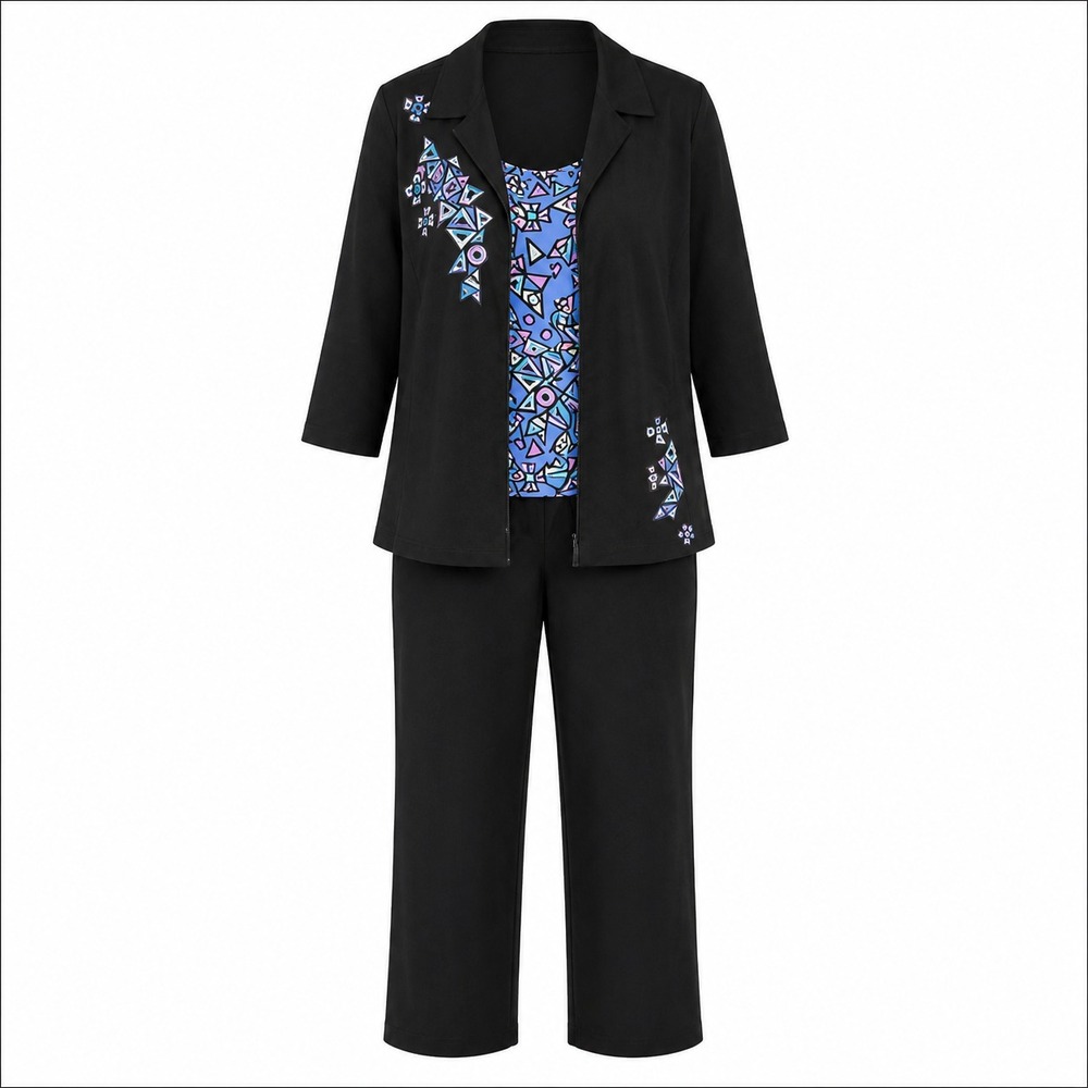 Bob Macke 3pc Pant Set Women XL Black Geometric Embroidery Jacket Tank Hong Kong
